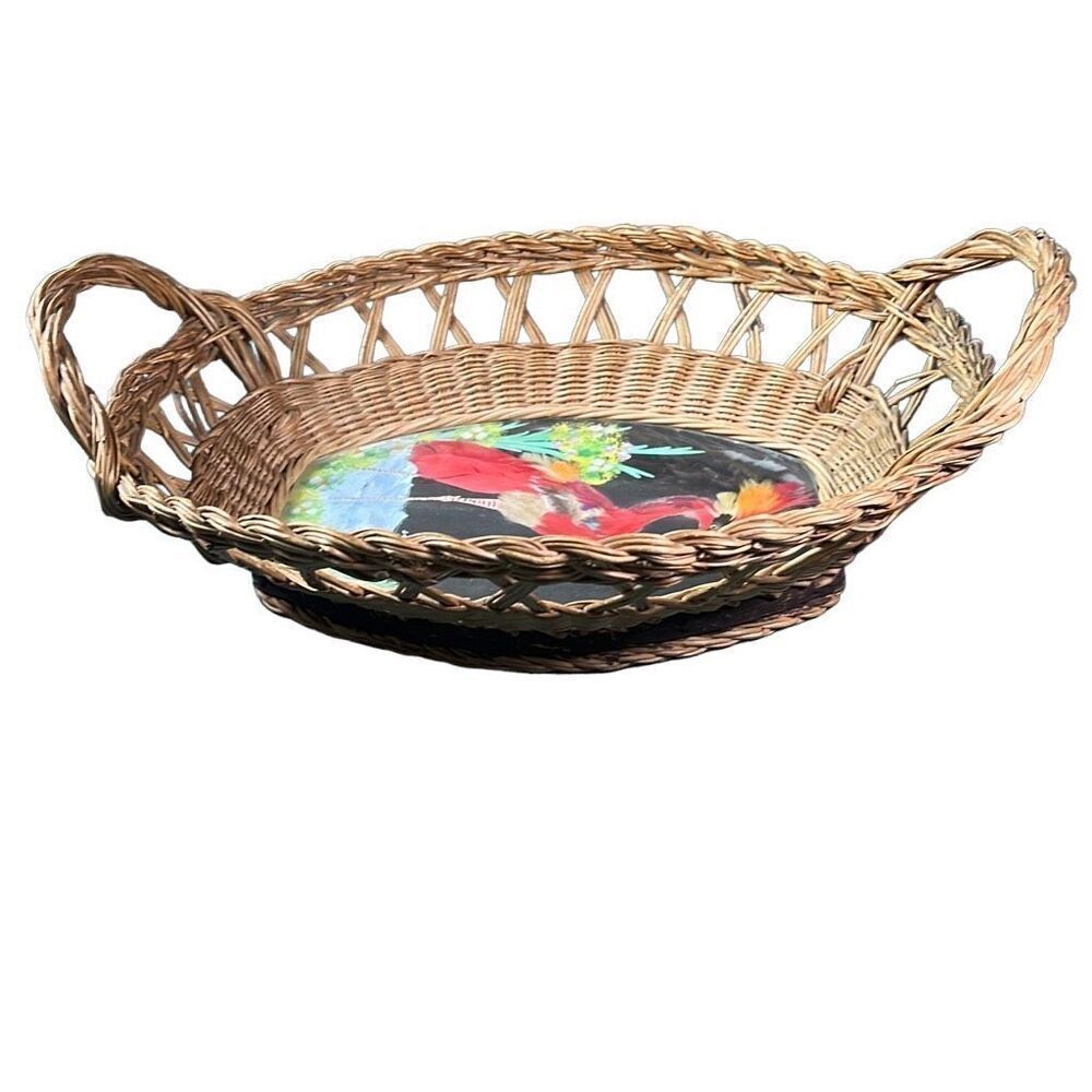 Vintage Mexico Bird Feather Folk Art Painted Wicker Basket Wall Decor 12" by 10"